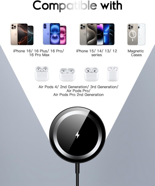 for Mag-Safe Charger, Magnetic Wireless Charger Made for iPhone 16/16 Pro/16 Pro Max/16 Plus/15/14/13/12 Series, 15W Max Fast Mag Safe Charging Pad for AirPods Pro 3 2 (Black) - Image 3
