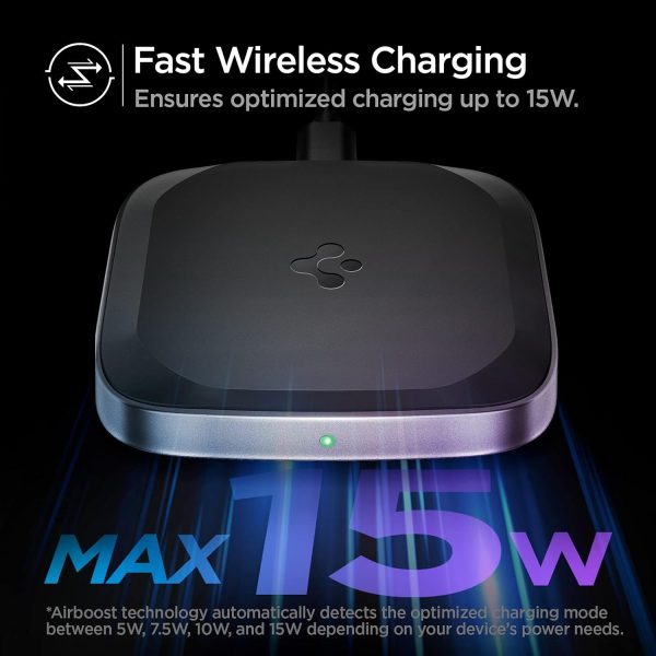 Spigen Wireless Charger, Fast 15W Wireless Charging Pad for Qi Enabled Galaxy S24 Ultra Plus Z Fold Flip 5 4 3 S23 S22 FE Note 20 Pixel 8 Pro Fold 7 6 iPhone 15 14 13 12 SE Max [No Adapter Included] - Image 3